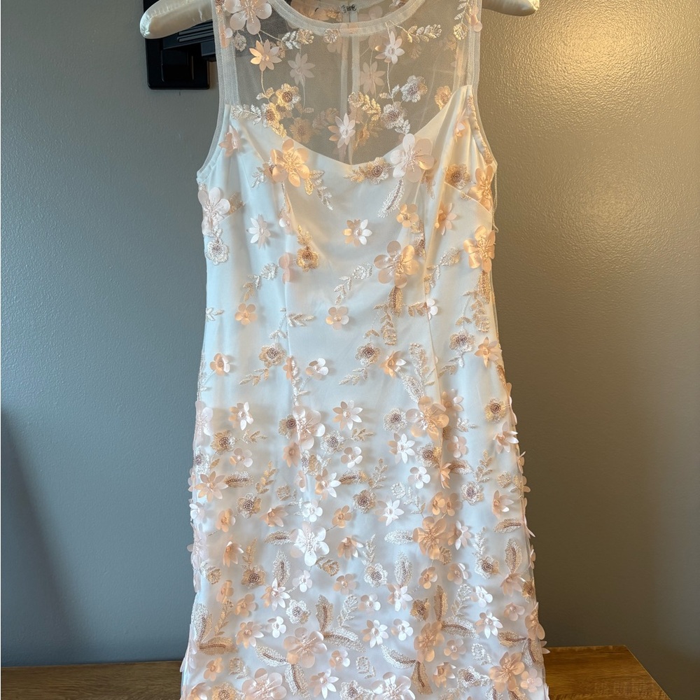 Adrianna Papell White Sheer Floral Appliqué Midi Dress